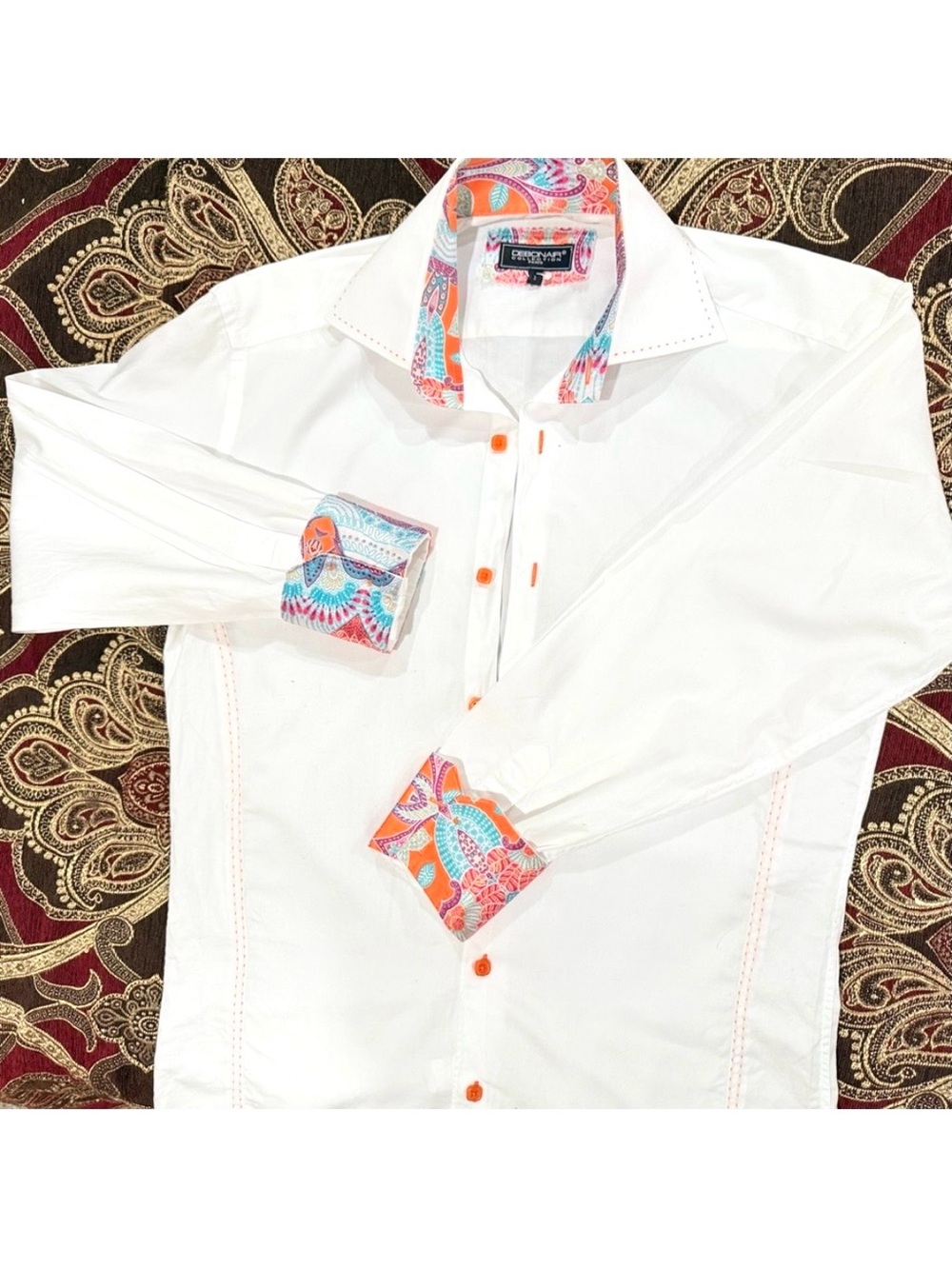 Debonair Collection Button Down White Dress Shirt Sz Lg Orange Contrast Cuffs